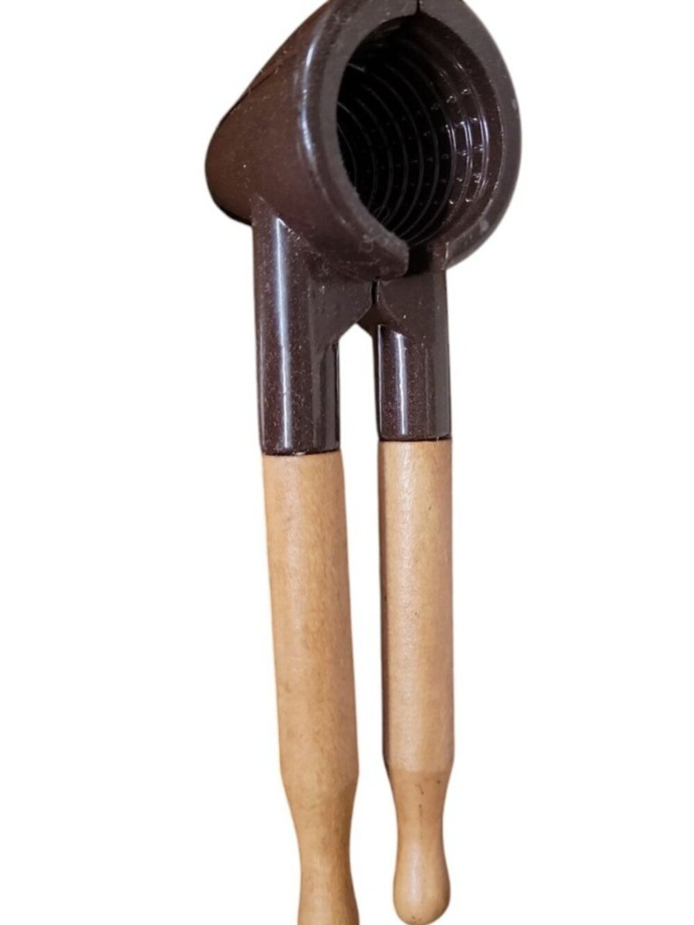 Heavy Duty Nut Cracker Vintage Brown Metal with Wooden Handles 7" Long